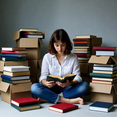 Woman reading book surrounded by boxes