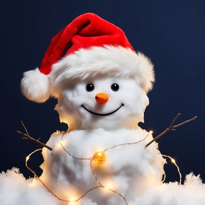 Snowman wearing Santa hat with lights