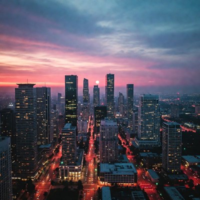 Sunset Aerial View of City Skyline