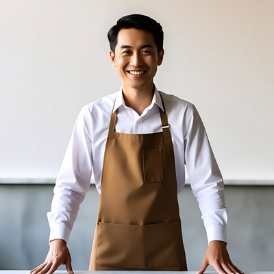 Asian man in brown apron smiling