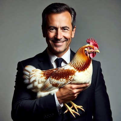 Man holding chicken in suit
