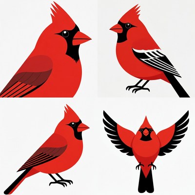 Four Red Cardinal Birds Illustration