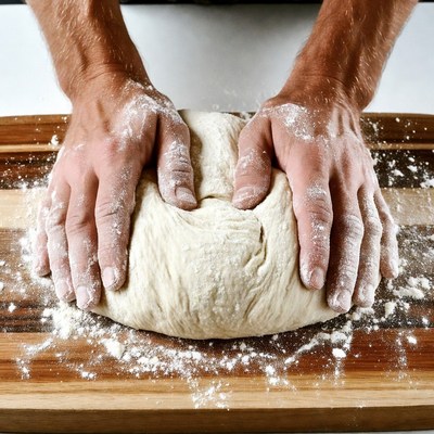 Man kneading dough on wooden board