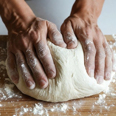 Man kneading dough on cutting board