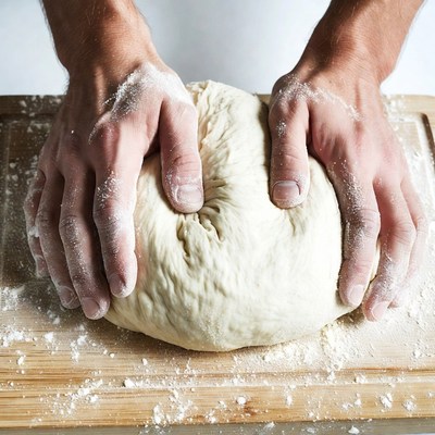 Man kneading dough on cutting board