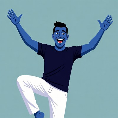 Blue cartoon man raising arms happily