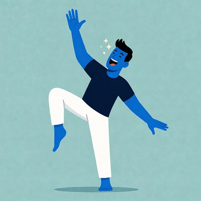Blue cartoon man dancing joyfully