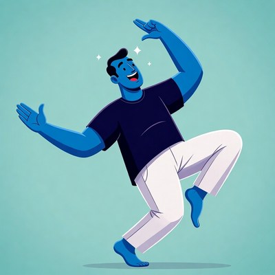 Blue cartoon man dancing joyfully