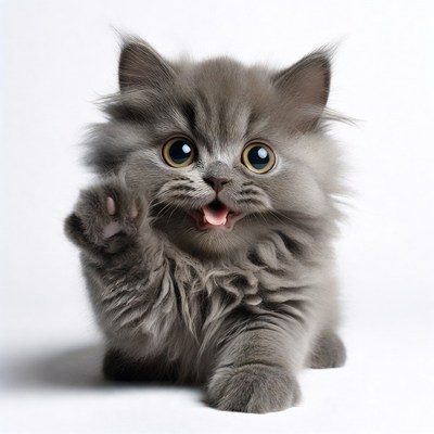 Fluffy gray kitten waving paw
