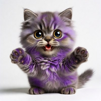 Purple Kitten Roaring with Paws Raised
