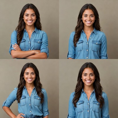 Smiling Latina woman in blue denim shirt