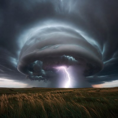 Massive Supercell Thunderstorm with Lightning