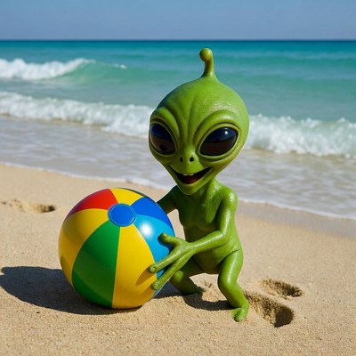 Green Alien Playing Beach Ball