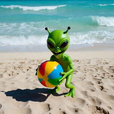 Green Alien Holding Beach Ball
