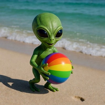 Green Alien Holding Rainbow Beach Ball
