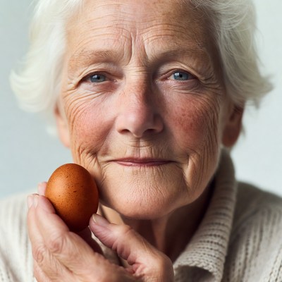 Elderly woman holding brown egg