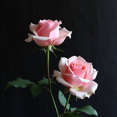 Two Pink Roses on Black Background