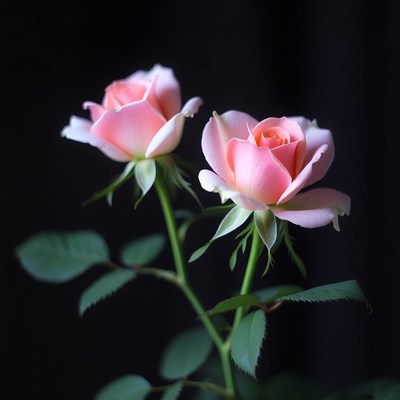 Two Pink Roses on Black Background