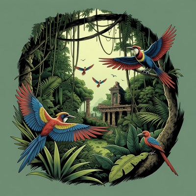 Colorful Parrots Flying in Jungle Ruins
