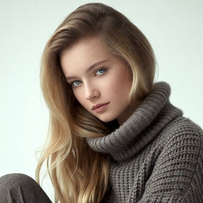 Young woman in gray turtleneck sweater