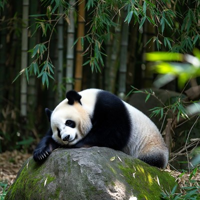 Panda sleeping on rock