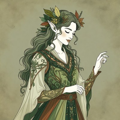 Green-haired elf woman in autumn dress