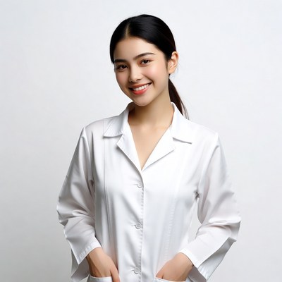 Asian woman in white lab coat
