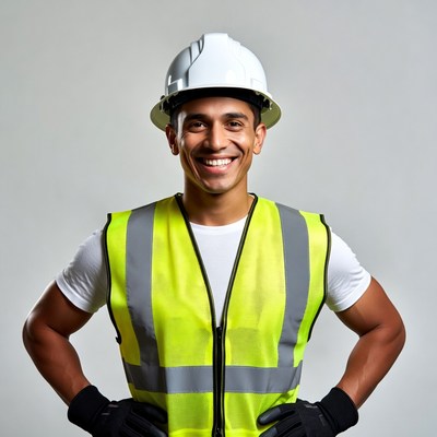 Smiling Latino construction worker in hard hat