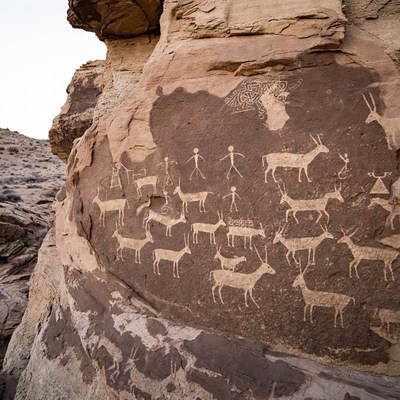 Ancient Rock Art with Hunters and Antelopes
