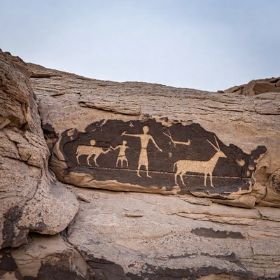 Ancient rock art family with deer