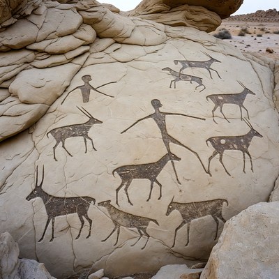 Ancient Rock Art with Hunters and Animals