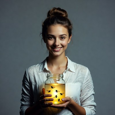 Woman holding jar of glowing bees