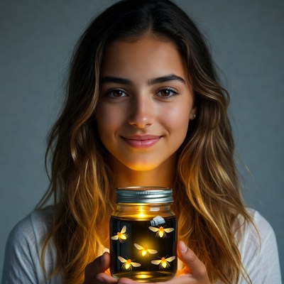 Girl holding jar of fireflies