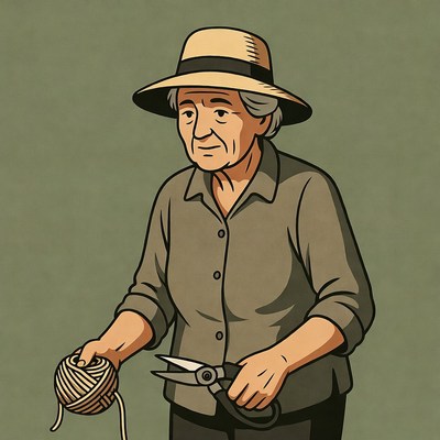 Elderly woman holding yarn and scissors