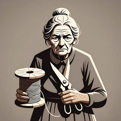 Elderly woman holding thread spool and scissors