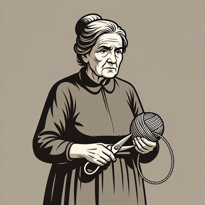 Elderly woman cutting yarn ball