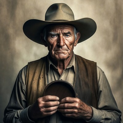 Elderly cowboy holding wooden bowl