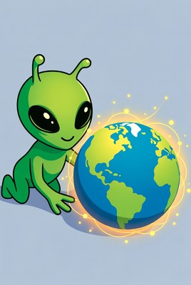 Cute green alien holding Earth