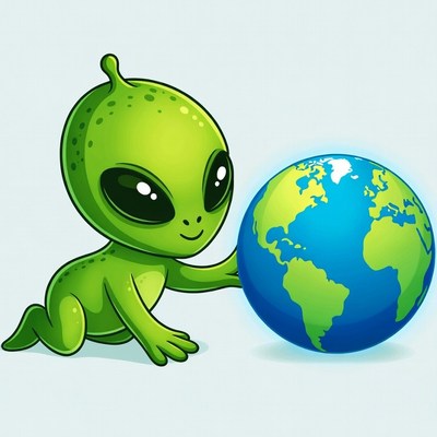 Cute green alien holding Earth
