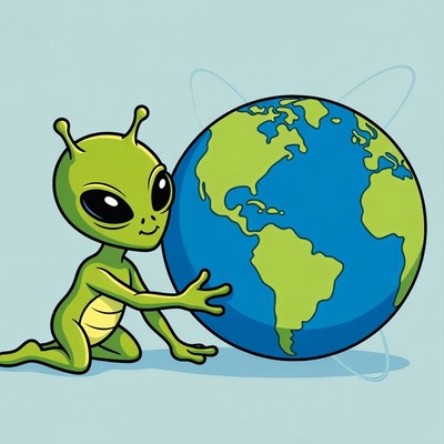 Cute green alien hugging Earth