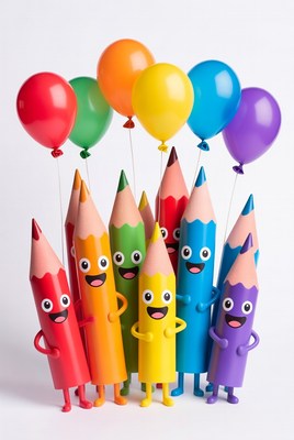 Colorful cartoon pencils with balloons