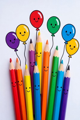 Colorful Smiling Balloons and Crayons