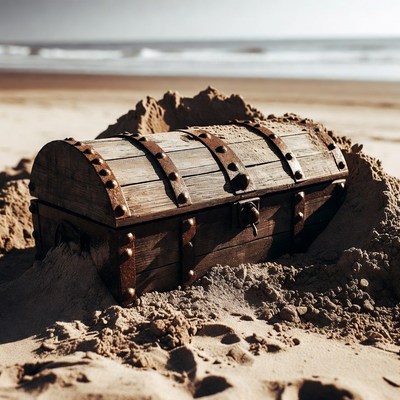 Treasure Chest Buried in Beach Sand