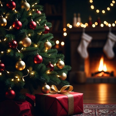 Lit Christmas Tree with Gifts by Fireplace