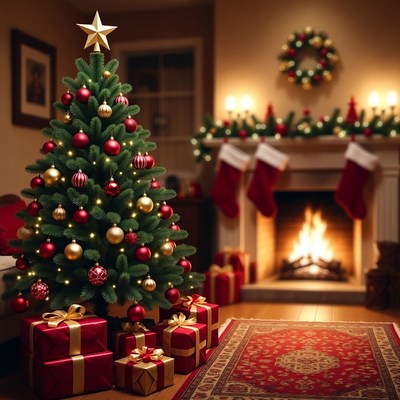 Cozy Christmas Tree by Fireplace