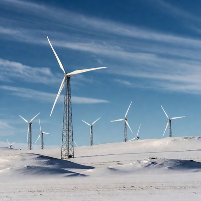 Wind Turbines in Snowy Landscape