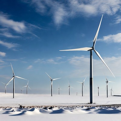 Wind Turbines in Snowy Field