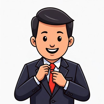 Cartoon man adjusting red tie