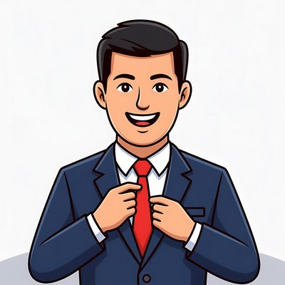 Cartoon man adjusting red tie