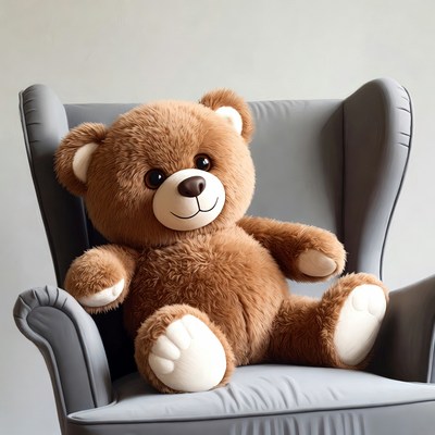 Brown teddy bear sitting in armchair